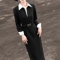 【GJ】【送腰带】2025春新时尚通勤设计感撞色衬衫领黑色西装裙D0500