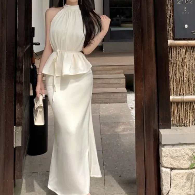 法式绸缎吊带无袖上衣女夏气质高腰鱼尾半裙两件套韩系优雅休闲套