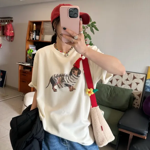 qiqi/琦琦推荐 韩版宽松百搭休闲街头圣诞狗狗图案双面绒短袖T恤