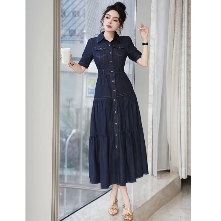 港风POLO领薄款短袖牛仔连衣裙2026夏季新款港风露肩牛仔收腰长裙
