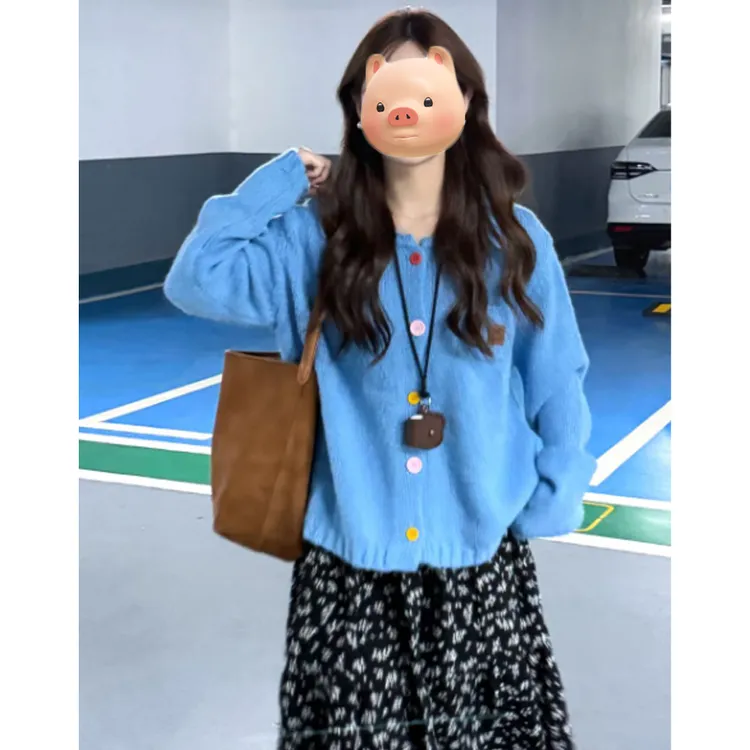 彩色纽扣蓝色长袖针织开衫女秋冬慵懒风翻领毛衣外套早秋chic上衣