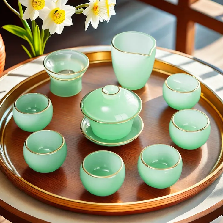 高端鎏金琉璃功夫茶具套装中式茶杯盖碗高档办公室礼盒装送长辈