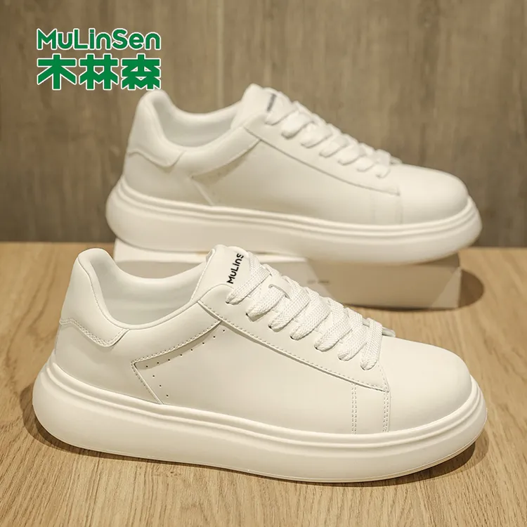 木林森男鞋夏季厚底欧洲站小白鞋运动休闲圆头皮鞋高级感平板鞋子