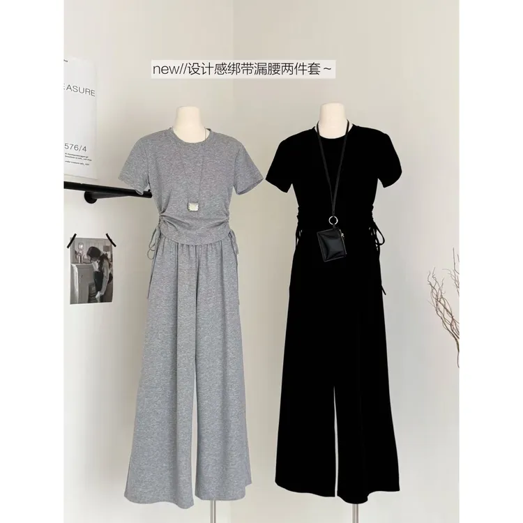 韩系简约休闲百搭时尚纯色套装女夏小心机镂空绑带漏腰显瘦两件套