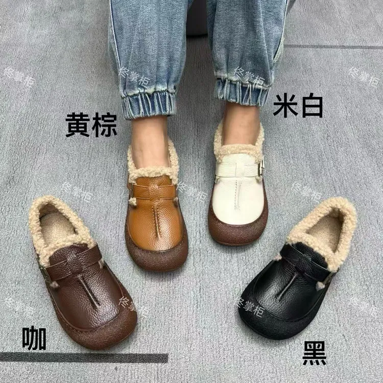 21165 纯皮软底皮带扣棉里简约舒适百搭复古棉瓢鞋女鞋