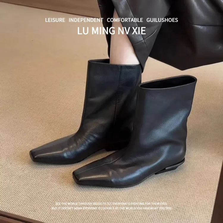 羊皮版~2025秋冬新款方头瘦瘦靴套筒时装靴异形跟显瘦短筒马丁靴