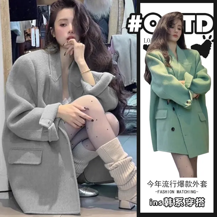 秋冬新款欧美气质宽松百搭显瘦毛呢外套高级感别致小个子加厚西装