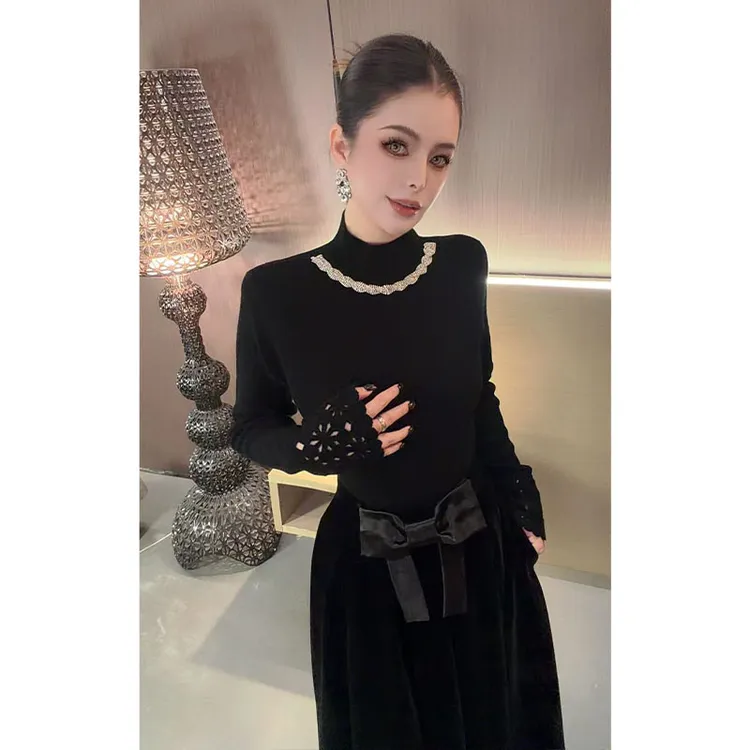 重工半高领蕾丝袖拼接针织上衣CS31362