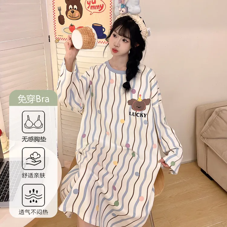 条纹睡裙女款爆款2025新款秋冬款带胸垫可外穿大码睡衣连衣裙子春