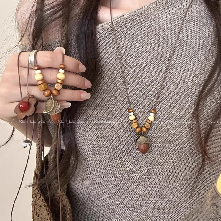 铜布艺项链  复古民族风橡果吊坠项链女新中式新款古风长款锁骨链