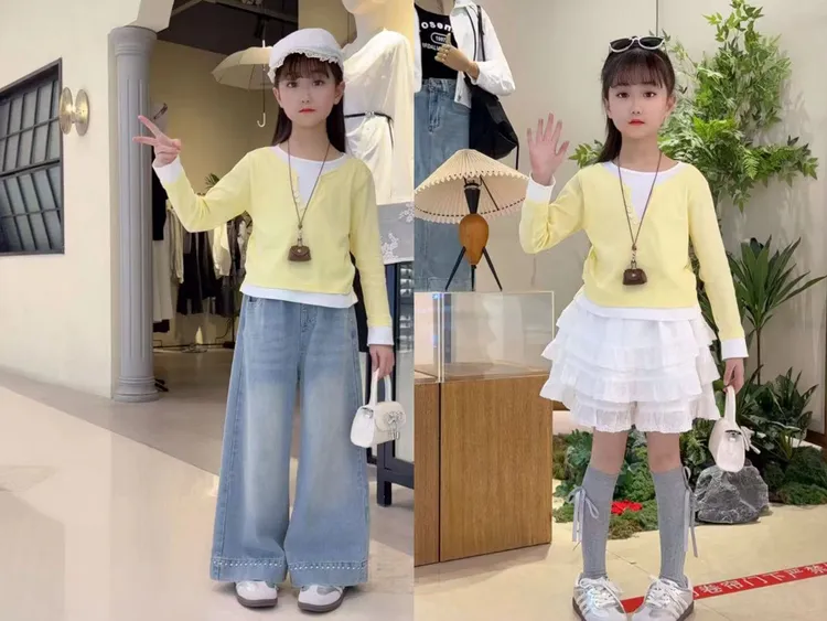 女纯色春秋薄款韩版套头春季套装毛衣女童时尚童装上衣外套