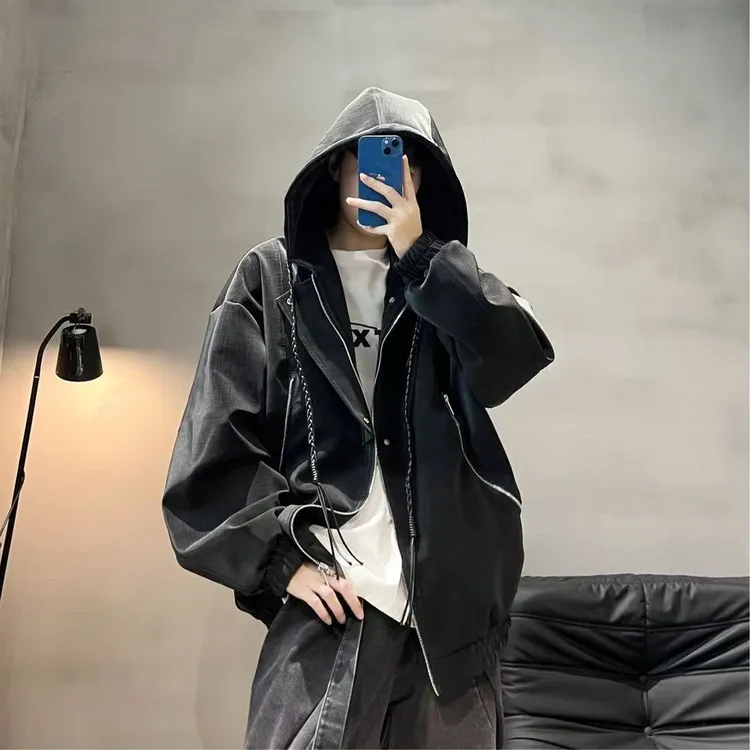 DISROBEING连帽皮衣夹克男美式简约宽松秋季情侣休闲外套百搭上衣