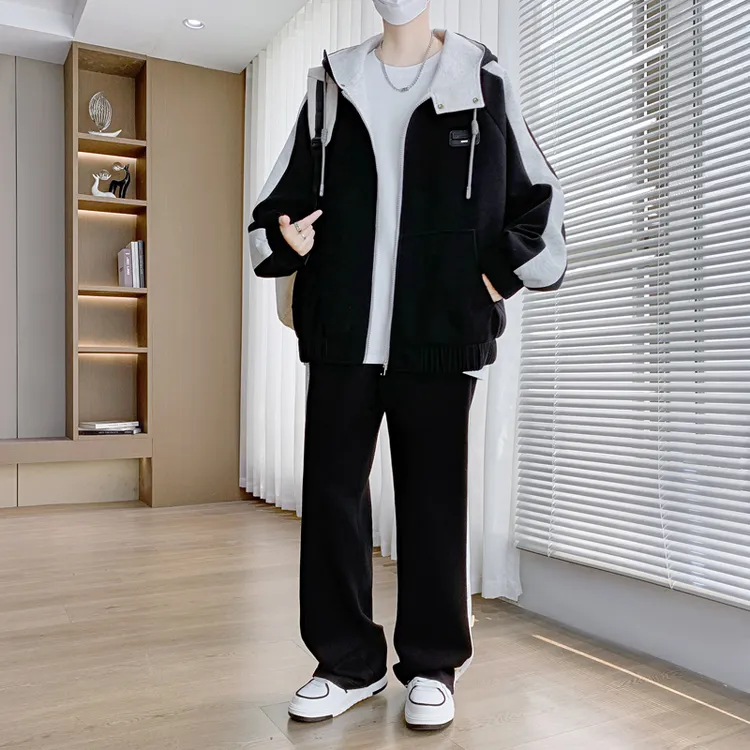 男士外套春秋季连帽宽松青少年休闲套装男生潮流时尚夹克运动衣服