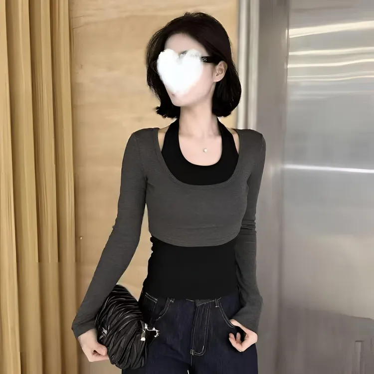 2025秋季新款纯欲辣妹挂脖两件长袖T恤女修身显瘦百搭洋气上衣