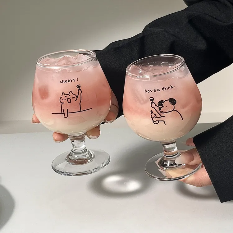 原创韩式可爱小狗ins风玻璃杯高脚杯甜品杯果酒杯果汁杯气泡水杯