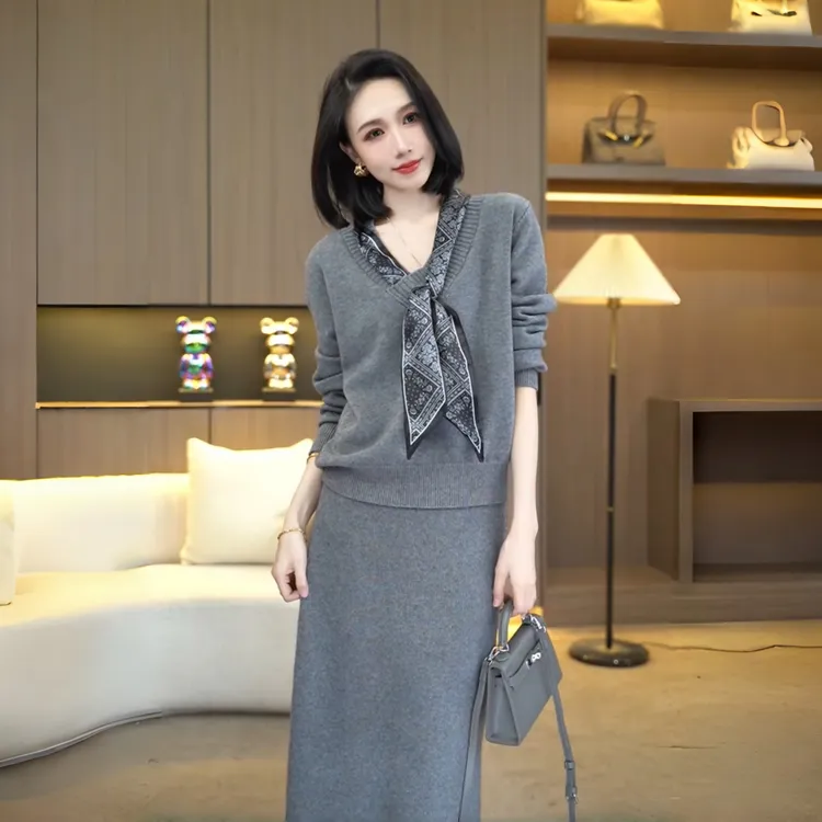 欧颍昇洋气秋冬穿搭一整套女装针织毛衣套装配丝巾两件套裙子7395