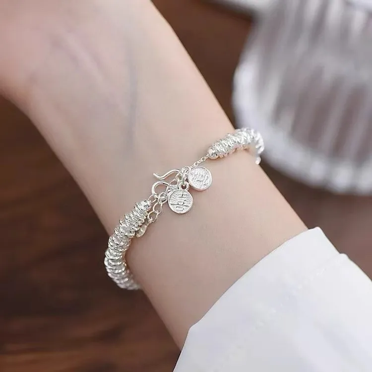 足银手链 足银999小圆满盘缠平安喜乐银手链女款高级感碎银子手串