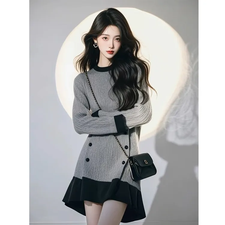 高级感超好看气质灰色针织连衣裙女2025春季新款名媛慵懒风短裙子