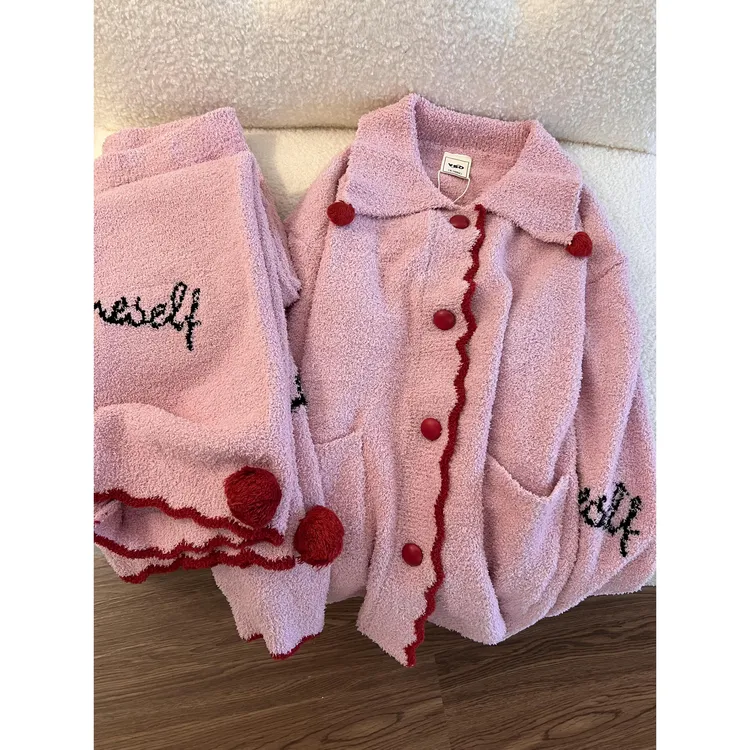 甜美开衫针织外套半边绒睡衣女秋冬季新款毛衣长袖长裤家居服套装