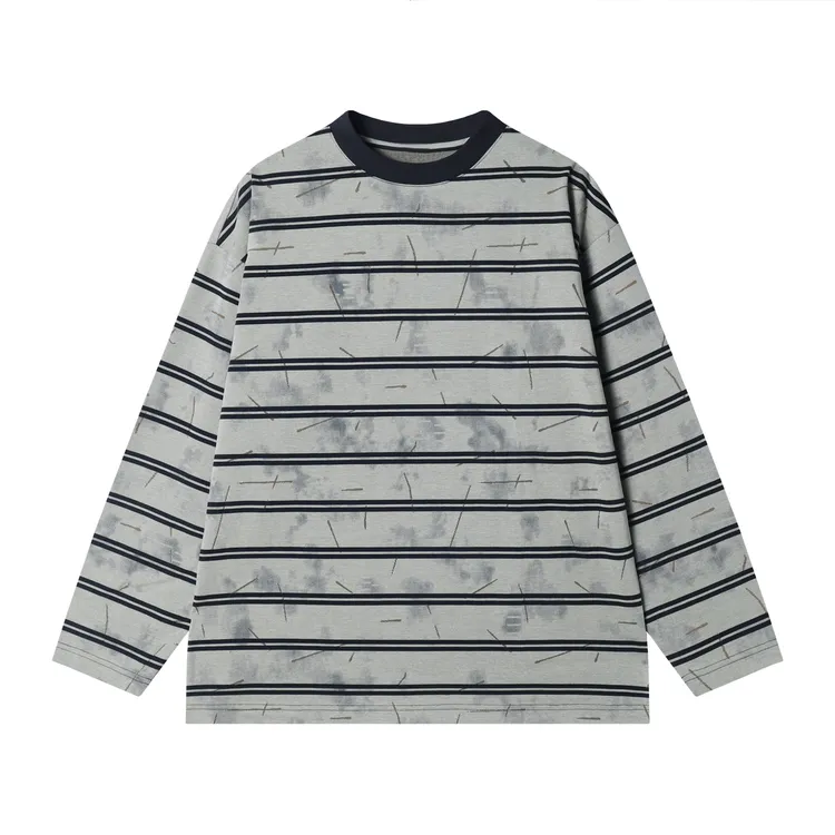 早春新款时尚个性港风扎染条纹圆领长袖T恤休闲百搭情侣套头上衣
