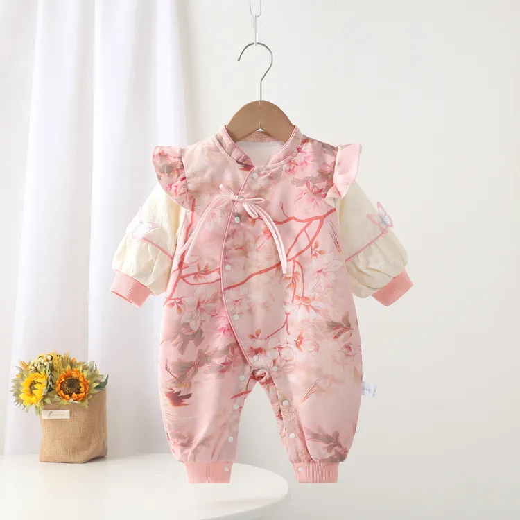 婴儿衣服秋季新中式双层连体衣女宝宝满月百天周岁礼服哈衣