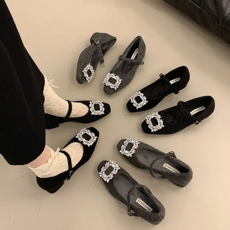 时尚粗跟单鞋女配裙子2025年春季新款水钻百搭玛丽珍高跟鞋潮