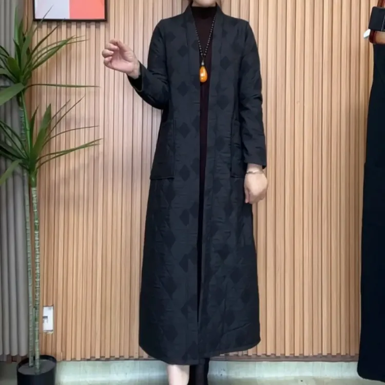 薄款宽松型中长款秋季一字领长袖风衣提花气质中年百搭复古立领女