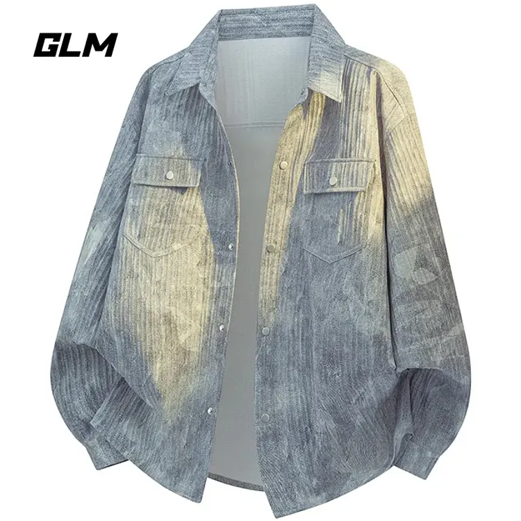 GLM加肥加大扎染牛仔长袖衬衫男款秋季高级感长袖衬衣外套大码潮