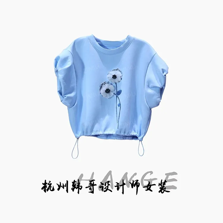 【韩哥女装】2025欧版天蓝色花苞袖口立体钉花气质短袖6673-B3