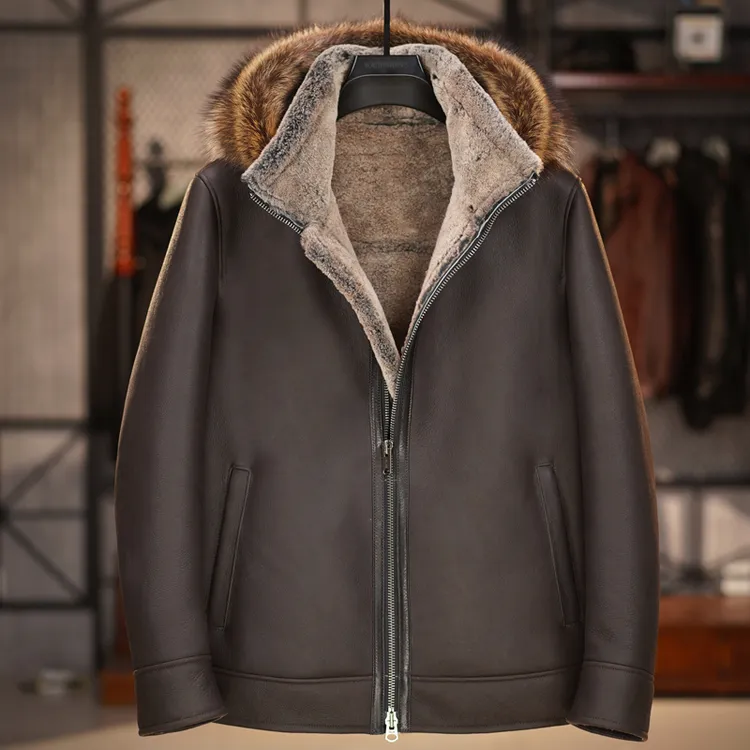 水洗油蜡原生态皮毛一体男b3飞行服夹克绵羊毛皮草真皮皮衣冬加厚