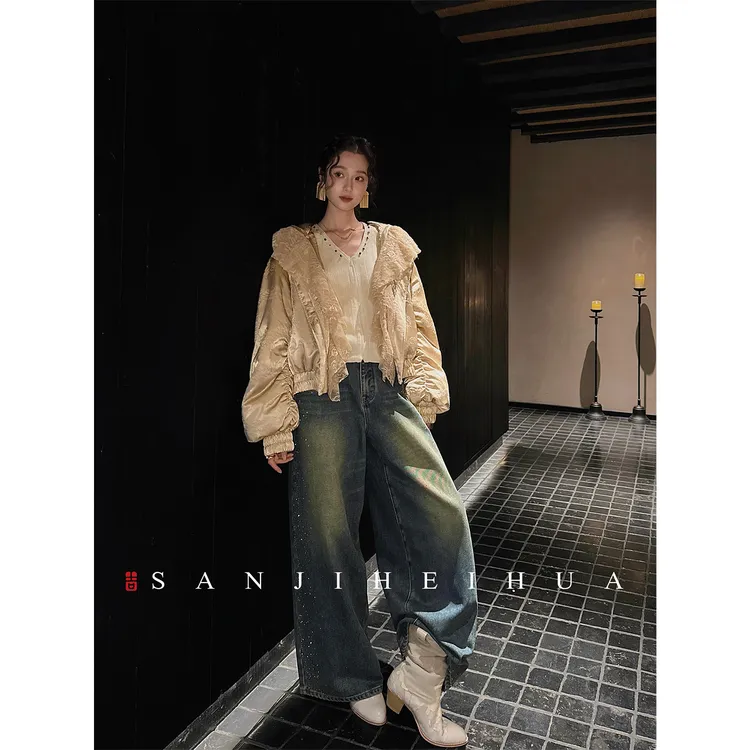 三吉黑花【时宴】新中式烫钻阔腿牛仔裤子女款微喇叭裤冬季2025新