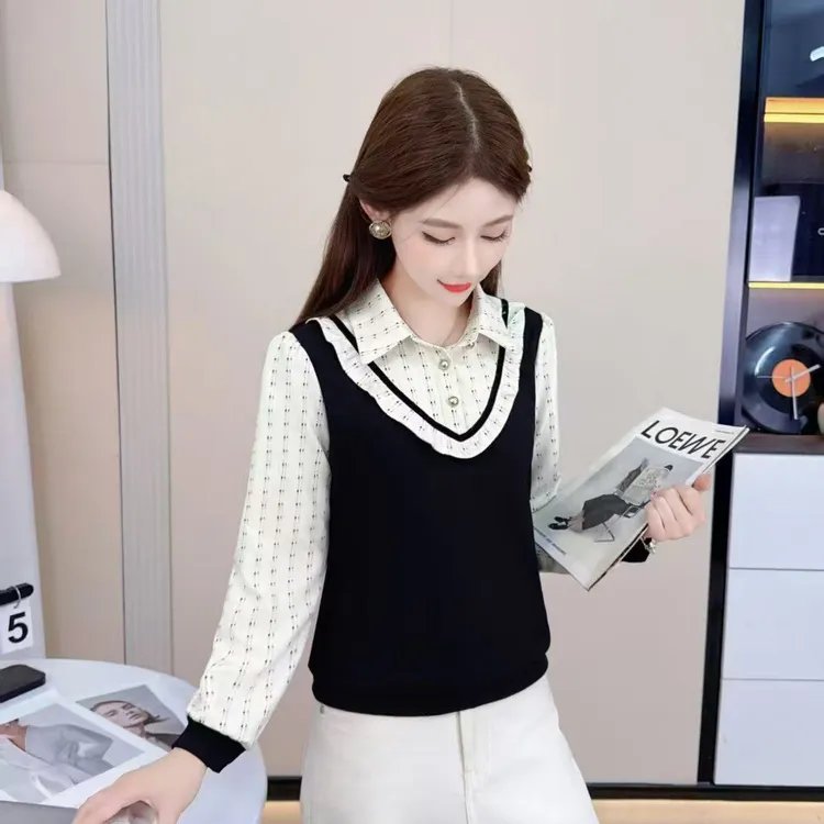 长袖衬衫女士2025年新款秋装洋气时尚气质百搭假两件上衣女式衬衣