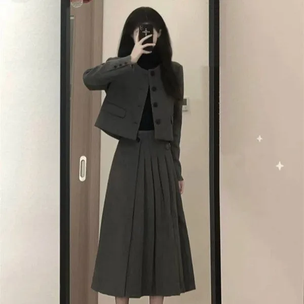 韩版学院风毛呢套装裙新款气质小个子短款外套女半身裙两件套