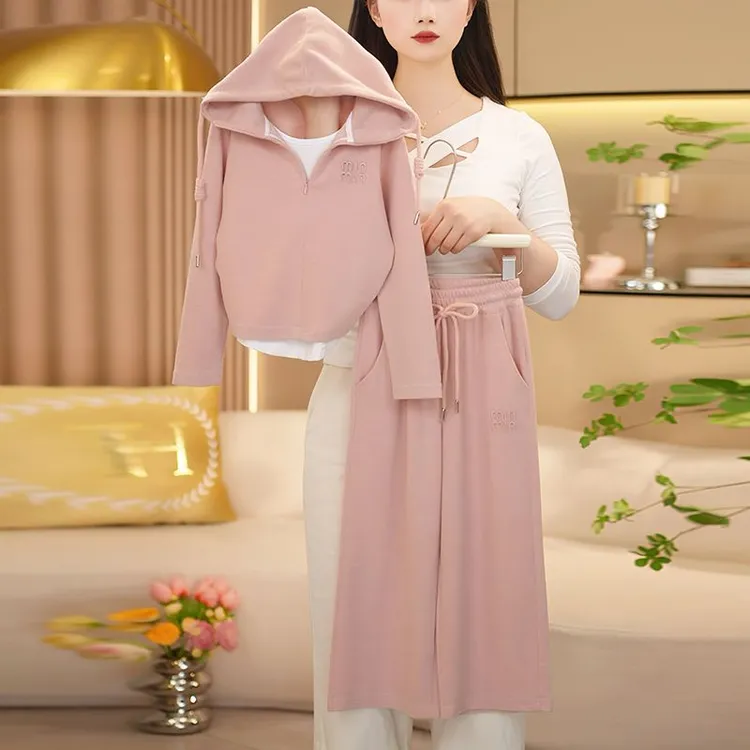 女童套装2025秋季新款儿童中大童时尚假两件拉链连帽卫衣裤两件套