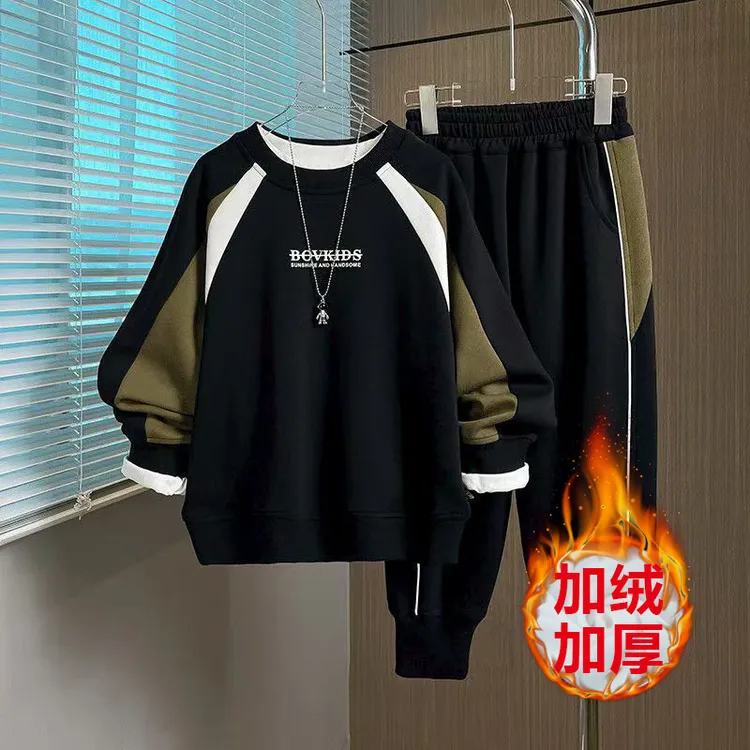 男童加绒加厚卫衣套装2025新款帅气时髦韩版印花拼色卫衣卫裤套装