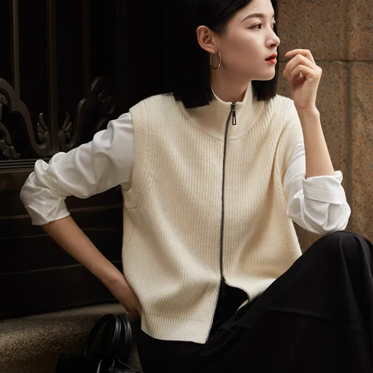 秋冬新款无袖马甲双拉链上衣毛衣羊毛针织开衫叠穿慵懒风简约别致