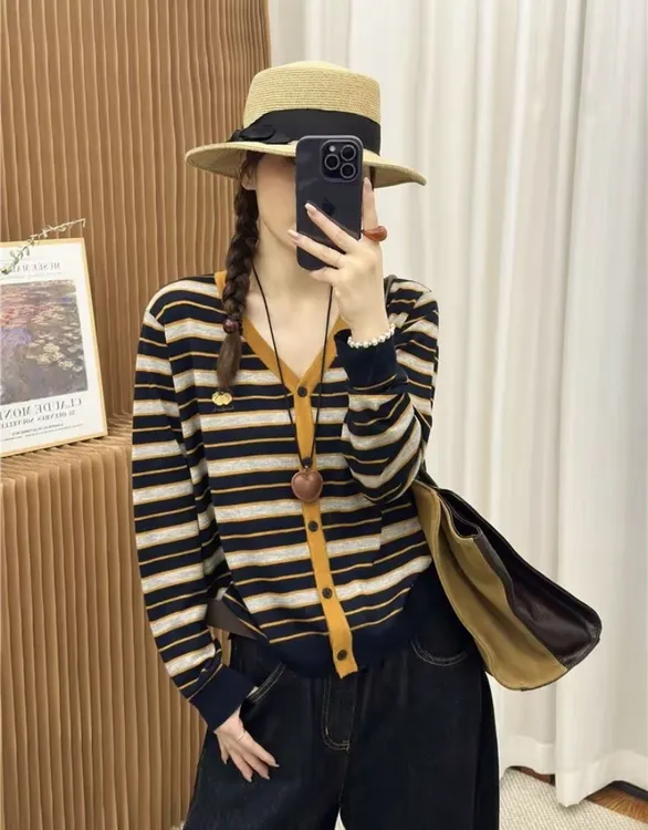 秋冬穿搭南瓜图案条纹针织衫女上衣单排宽松休闲毛衣开衫外套