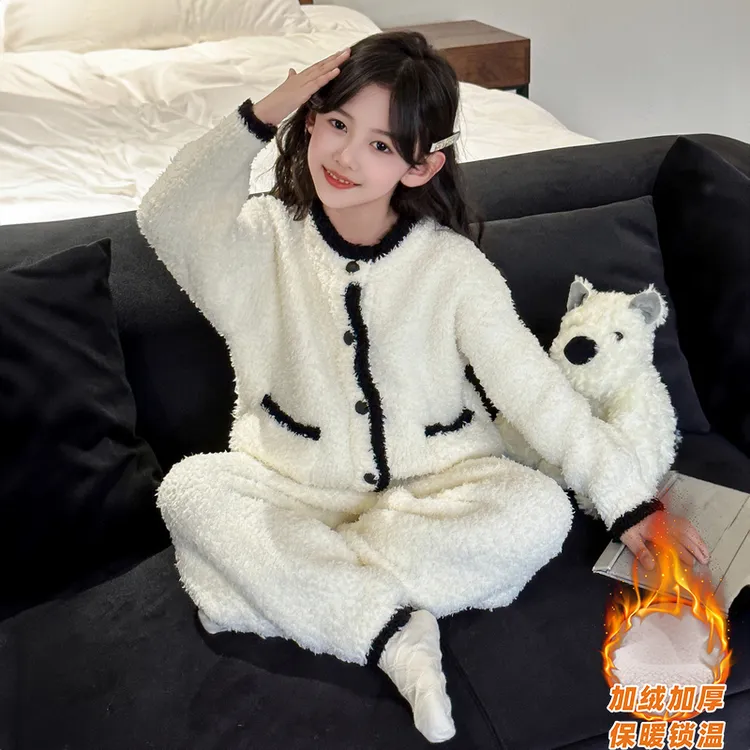 女童睡衣秋冬装法兰绒加厚套装2024新款中大童冬季半边绒家居服冬