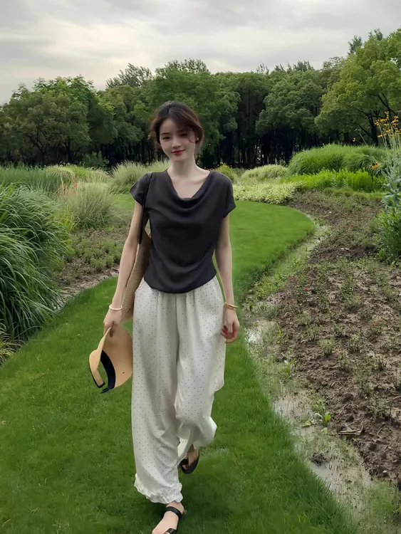 2025夏季新款法式高级感一字斜荡领上衣高腰气质减龄波点休闲裤