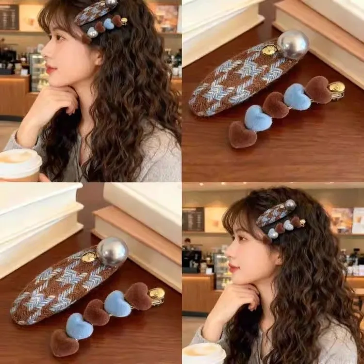 一对装～爱心撞色发夹高级感丝绒侧边夹前额碎发一字夹刘海夹