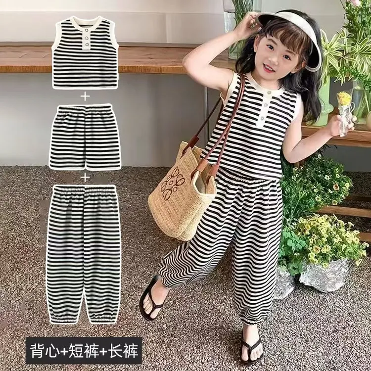 【三件套】儿童夏季条纹三件套外穿女童薄款宽松休闲套装无袖