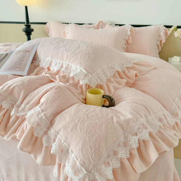 韩版公主风A类高克重牛奶绒四件套少女心加厚冬季双面加绒四件套