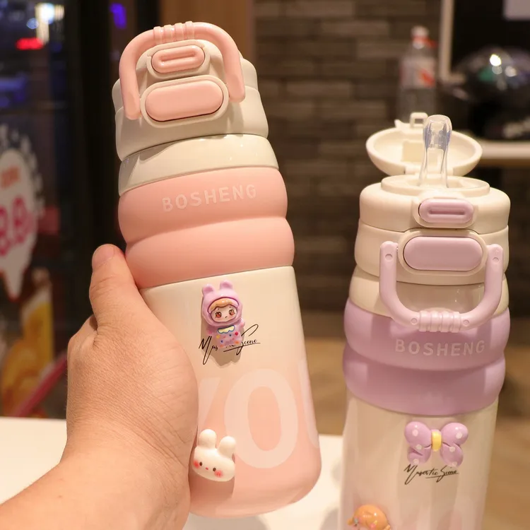 简约少女心保温杯学生女士高颜值双饮吸管杯子316不锈钢水壶便携