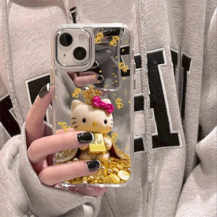 卡通发财凯蒂猫适用苹果iphone15promax女款手机壳16电镀15防摔14