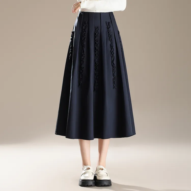 加厚款秋冬季木耳边半身裙2025新品气质高级感遮胯显瘦口袋裙长裙