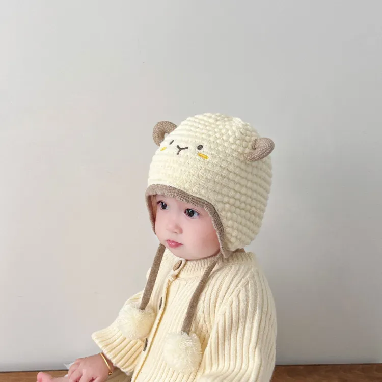 宝宝帽子可爱超萌秋冬新款卡通小绵羊护耳毛线帽婴幼儿针织套头帽