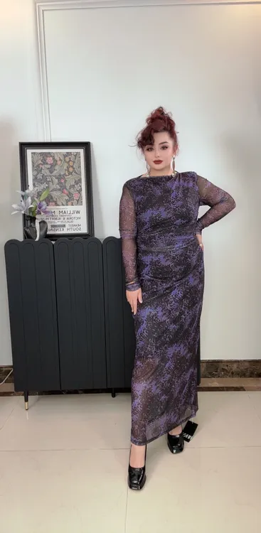爆款女神时尚紫色豹纹长袖修身设计感斜裁复古连衣裙