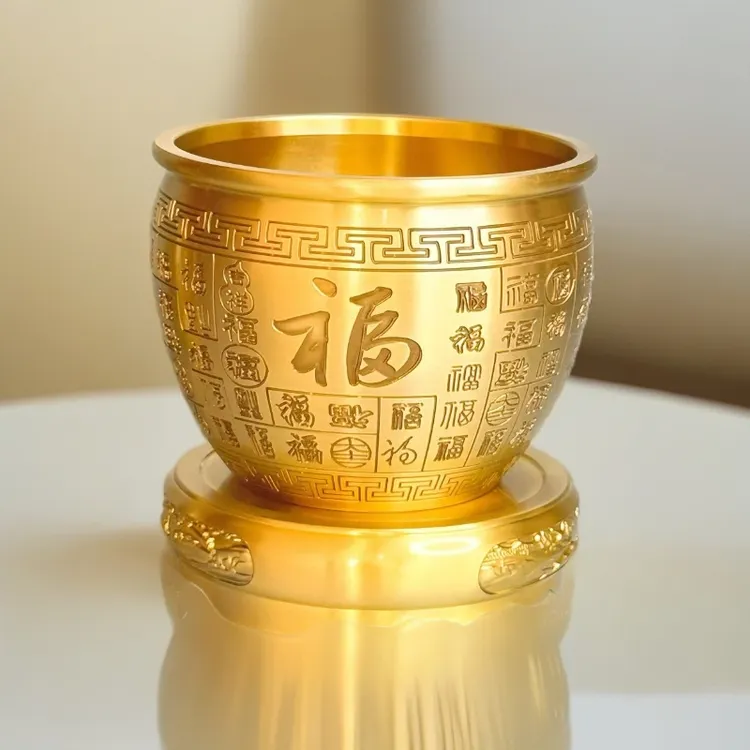 创意黄铜工艺品福字铜缸聚宝盆家用招财高档客厅店铺前台装饰品