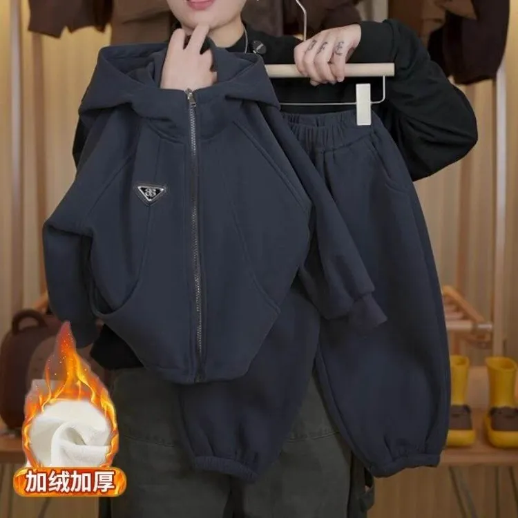 儿童秋冬2024加绒加厚休闲两件套男童连帽韩版棉质日常女童运动