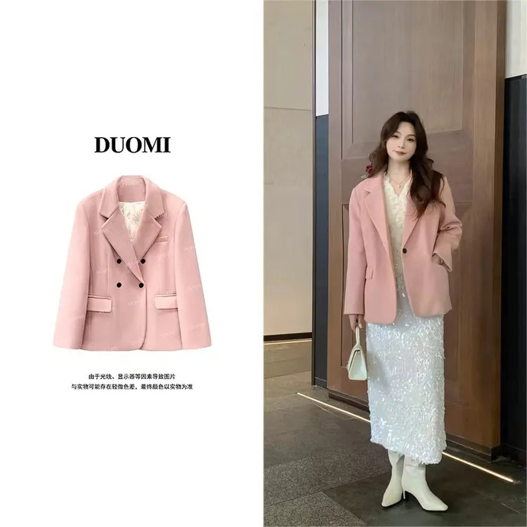 【DUOMI】新款女装百搭时尚V领双排扣西装型毛呢加绒女外套D8156